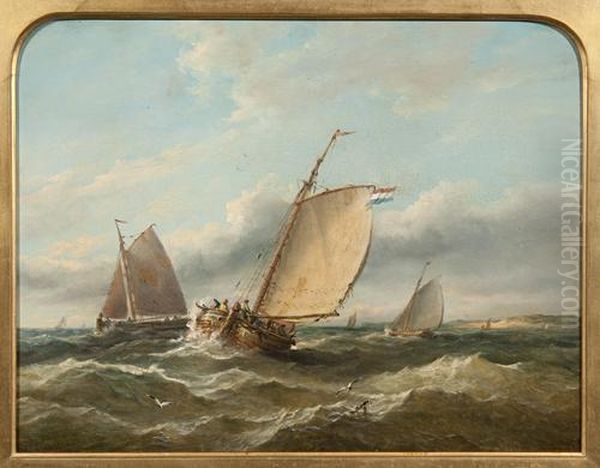 Fishing Vessels Off A Coastline Oil Painting by John Moore Of Ipswich