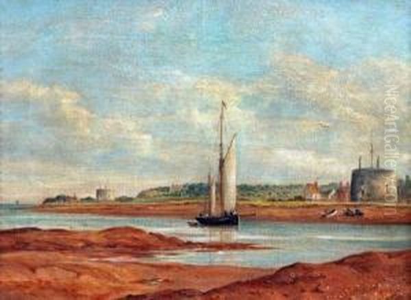 Old Felixstowe From Bawdsey Shore Oil Painting by John Moore Of Ipswich