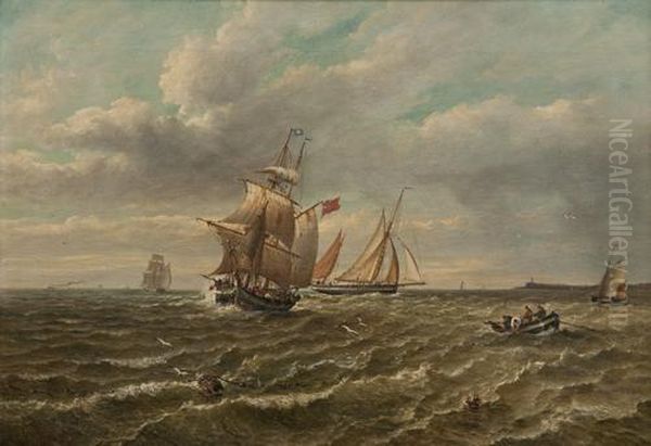 Fishing Vessels At Sea Oil Painting by John Moore Of Ipswich