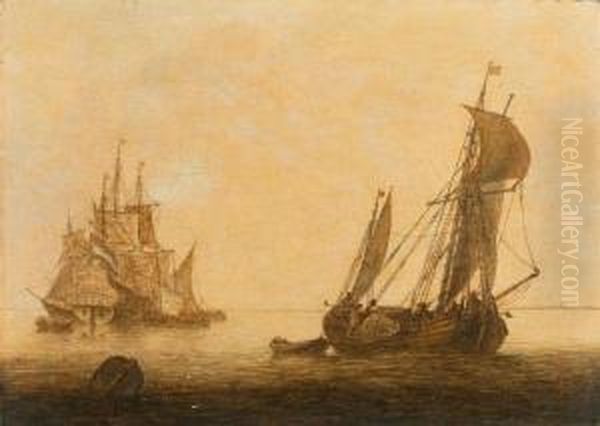 Penschilderij - Ships On The Open Sea. Oil Painting by Cornelis Pietersz De Mooy