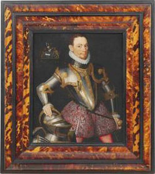 Portrait Of A Gentleman, Three-quarter-length, In Armour, His Right Hand Resting On A Helmet Oil Painting by Giacomo Antonio Moro