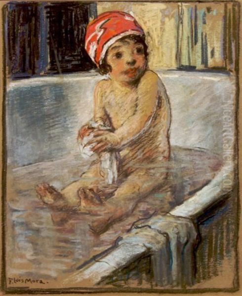 A Bathing Baby Oil Painting by Francis Luis Mora