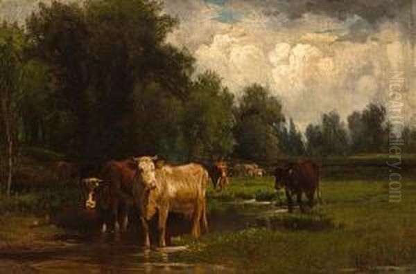 Cows Watering In A Stream Oil Painting by Peter Moran