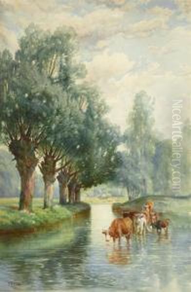 Land And Stream Oil Painting by Peter Moran