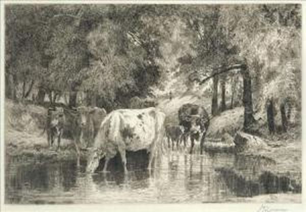 The Pool; [cows Drinking From Pond]; [sheep Grazing]; [the Returnhome] Oil Painting by Peter Moran