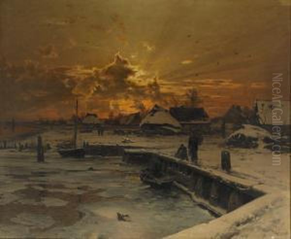 Fiskeby I Vinterskrud Oil Painting by Walter Moras