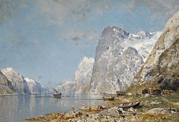 A Norwegian Fjord Oil Painting by Walter Moras