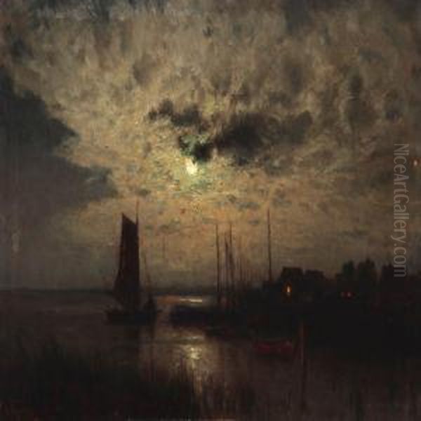 A Fishing Village In Moon Light Oil Painting by Walter Moras