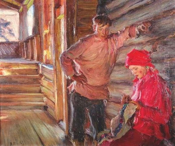 Young Russian Couple Conversing. Oil/canvas, Signed by Alexander Victor Moravov