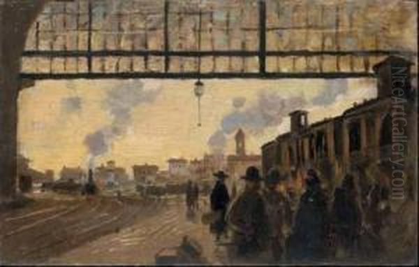 La Stazione Centrale A Milano Oil Painting by Angelo Morbelli