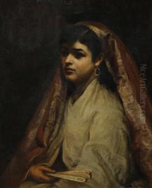 Portrait Of A Girl Holding A Fan Oil Painting by Joseph Mordecai