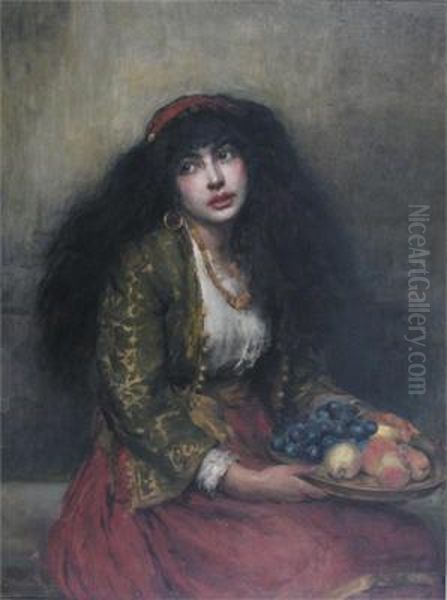 A Gypsy Girl With A Bowl Of Fruit Oil Painting by Joseph Mordecai