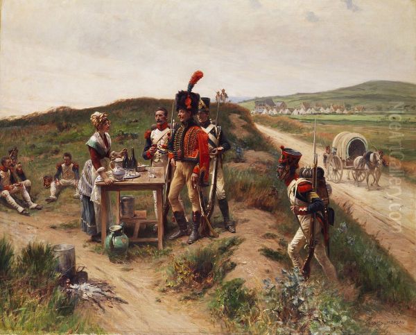 Soldaten Bei Einer Jungen Markthandlerin Auf Der Rast Oil Painting by Adrien Moreau