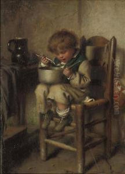 A Boy Eating Porridge Oil Painting by Charles Moreau