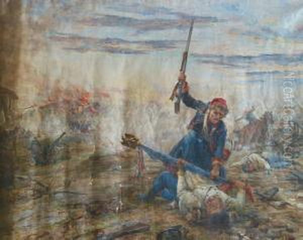 La Bataille De L'alma, Zouave Reprenant Le Drapeau De Son Regiment A L'ennemi Oil Painting by Therese Moreau De Tours