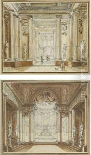 A Pair Of Elaborate Architectural Interiors Oil Painting by Jean-Michel Moreau