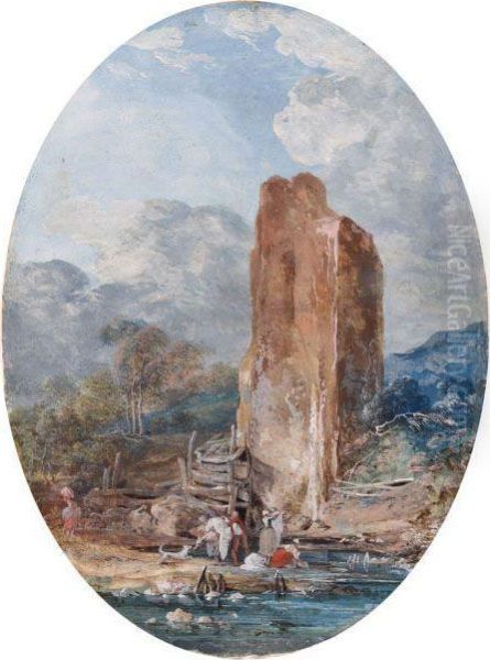 Lavandiere Au Pied D'une Vieille Tour Oil Painting by Louis Gabriel Moreau