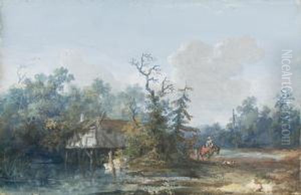 Landscape With A Cottage By A Stream And A Woman On A Donkey Oil Painting by Louis-Gabriel Moreau the Elder