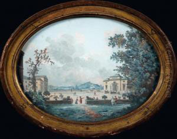 Vue Du Pavillon De Bagatelle Oil Painting by Louis-Gabriel Moreau the Elder