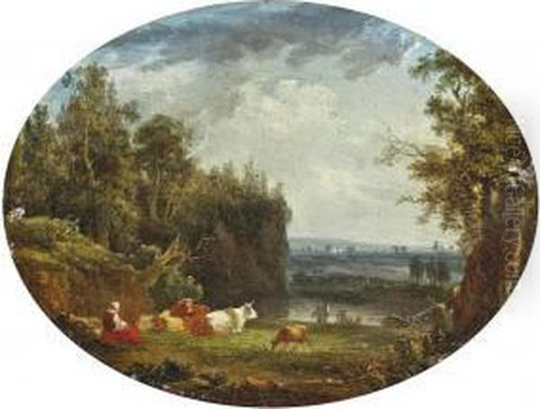 A Woman Watching Over The Herd On A River Bank Oil Painting by Louis-Gabriel Moreau the Elder