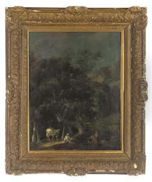 A Wooded Landscape With Washerwomen And A Traveller In A Clearing Oil Painting by Louis-Gabriel Moreau the Elder