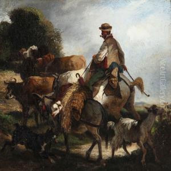 A Peasant On His Way To The Market With His Animals Oil Painting by Nicolas Moreau