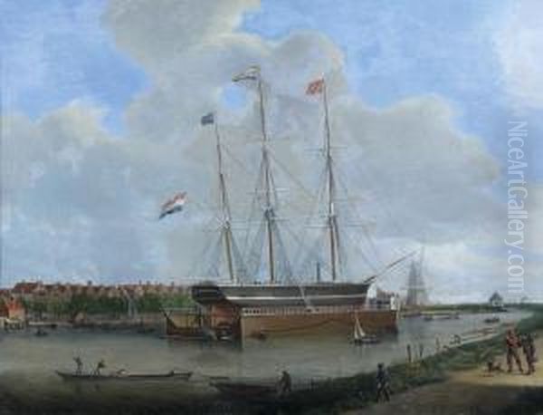 Bateau Sur Sa Cale Dans Un Canal En Hollande Oil Painting by Casparus Johannes Morel