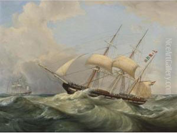 Shipping At Rough Seas; The Lousia Approaching The Harbour (a Pair) Oil Painting by Casparus Johannes Morel