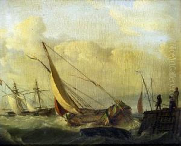 A Pair, Under Fire, American And Dutch Ships; Dutch Sailing Barges At The Harbour Mouth (see Illustration) Oil Painting by Casparus Johannes Morel