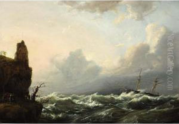 People Gathered On The Coast Watching A Boat In Stormy Weather Oil Painting by Casparus Johannes Morel