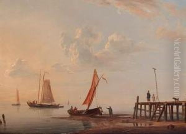 Low Tide: Moored Fishing Pinks By A Landing Stage Oil Painting by Casparus Johannes Morel