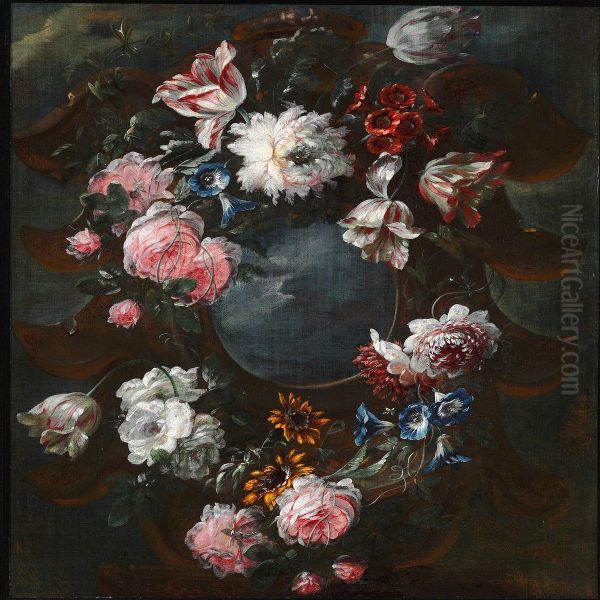 Flower Garland With Roses And Tulips Oil Painting by Jean-Baptiste Morel