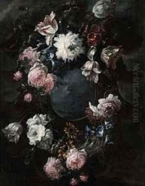 A Garland Of Roses, Parrot Tulips And Other Flowers Oil Painting by Jean-Baptiste Morel