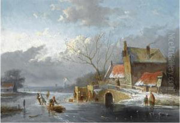 Figures On The Ice Near A 'koek En Zopie' Oil Painting by Jan Evert Morel