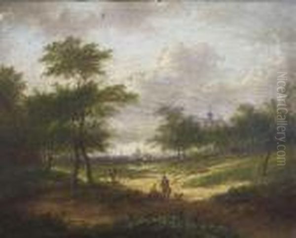 Baumbestandene Landschaft Mit Figurenstaffage Und Stadtsilhouette Im Dunst Oil Painting by Jan Evert Morel