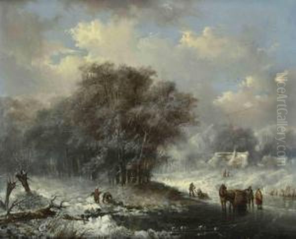 A Winterlandscape With Peasants Gathering Wood And A Horse Carriage On The Ice, A Farm Beyond Oil Painting by Jan Evert Morel