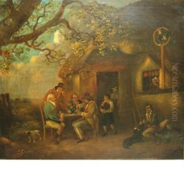 A Game Of Cards Outside Acountry Inn Oil Painting by George Moreland