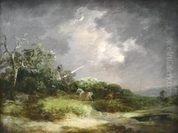 Horses In Field, Storm Approaching Oil Painting by George Moreland