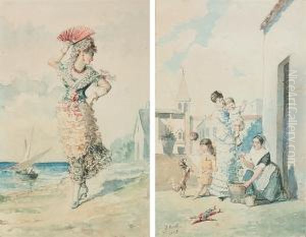 A Family On A Terrace; And A Lady In A Regional Costume, Holding A Fan Oil Painting by Fausto Morell