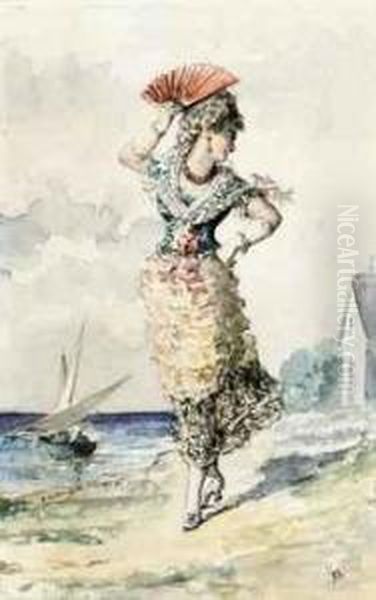 A Lady In Regional Costume, Holding A Fan Oil Painting by Fausto Morell Y Orlandis