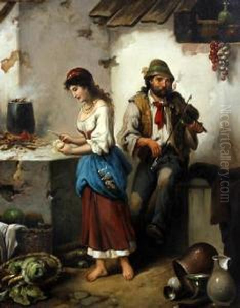 Maid And Pedlar Before A House Together Oil Painting by F. Morelli