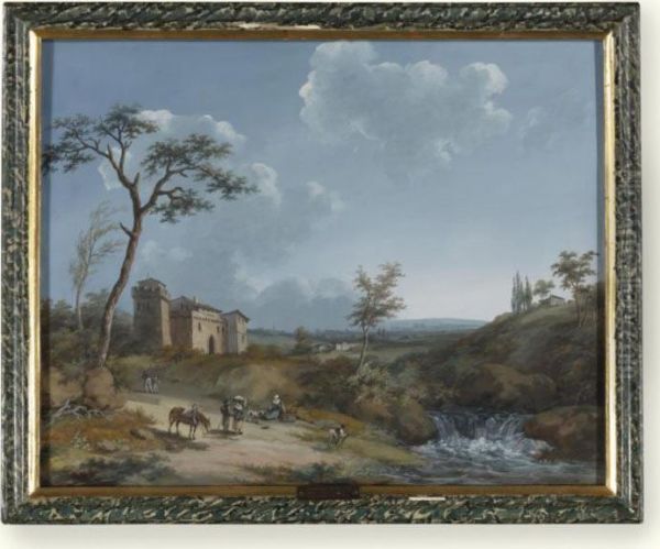 Italianate Landscape With Peasants By A Waterfall Oil Painting by J. Moreth