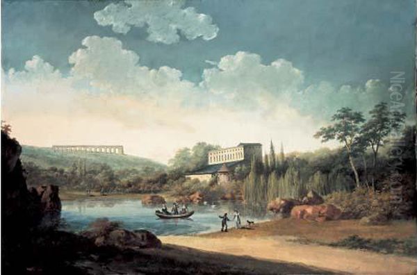 Paysage Anime Avec Un Etang Et L'aqueduc De Marly Oil Painting by J. Moreth