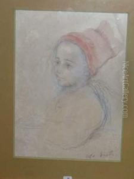 Portrait De Fillette Au Chapeau Rouge Oil Painting by K. Moretti