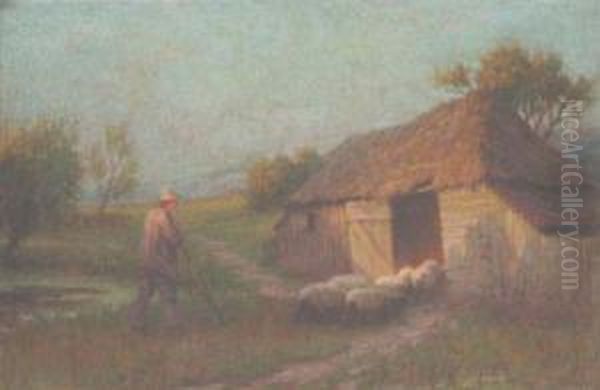 Sheep Barn Oil Painting by Benjamin B. Morgan