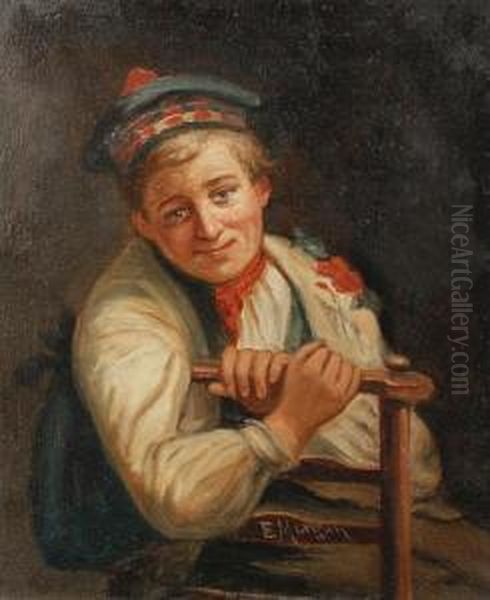 Portrait Of A Boy With A Flower Oil Painting by E. Morgan