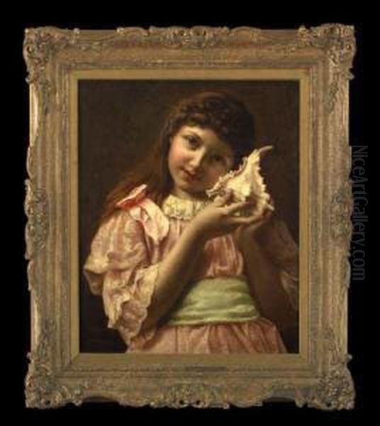 Portrait Of A Girl In A Pink Dress, 
Holding A Seashell Oil Painting by John Morgan