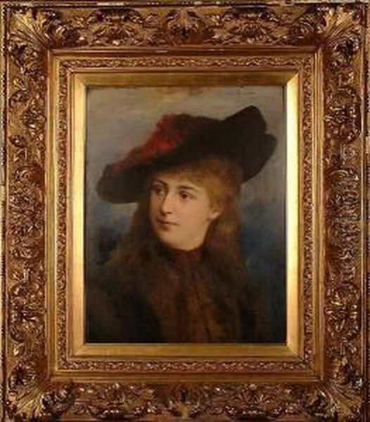 Portrait Of A Young Woman, Bust Length, Wearing A Hat With A Red Feather. Oil Painting by Joseph Morgan