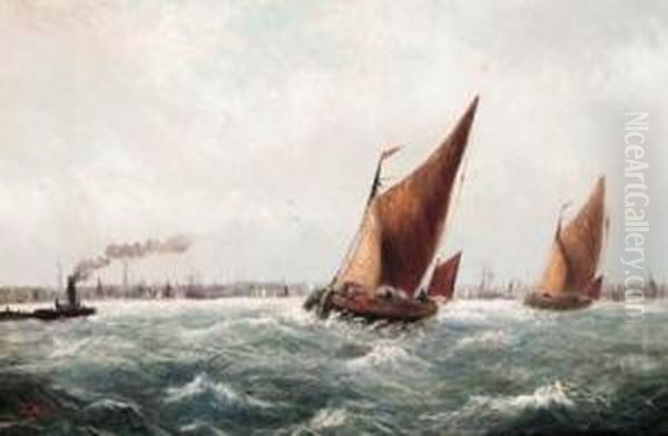 Barges On The Mersey Before Liverpool On A Blustery Day Oil Painting by Theodore John Morgan