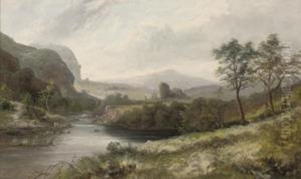 A River Landscape With A Ruin In The Distance Oil Painting by William Morgan